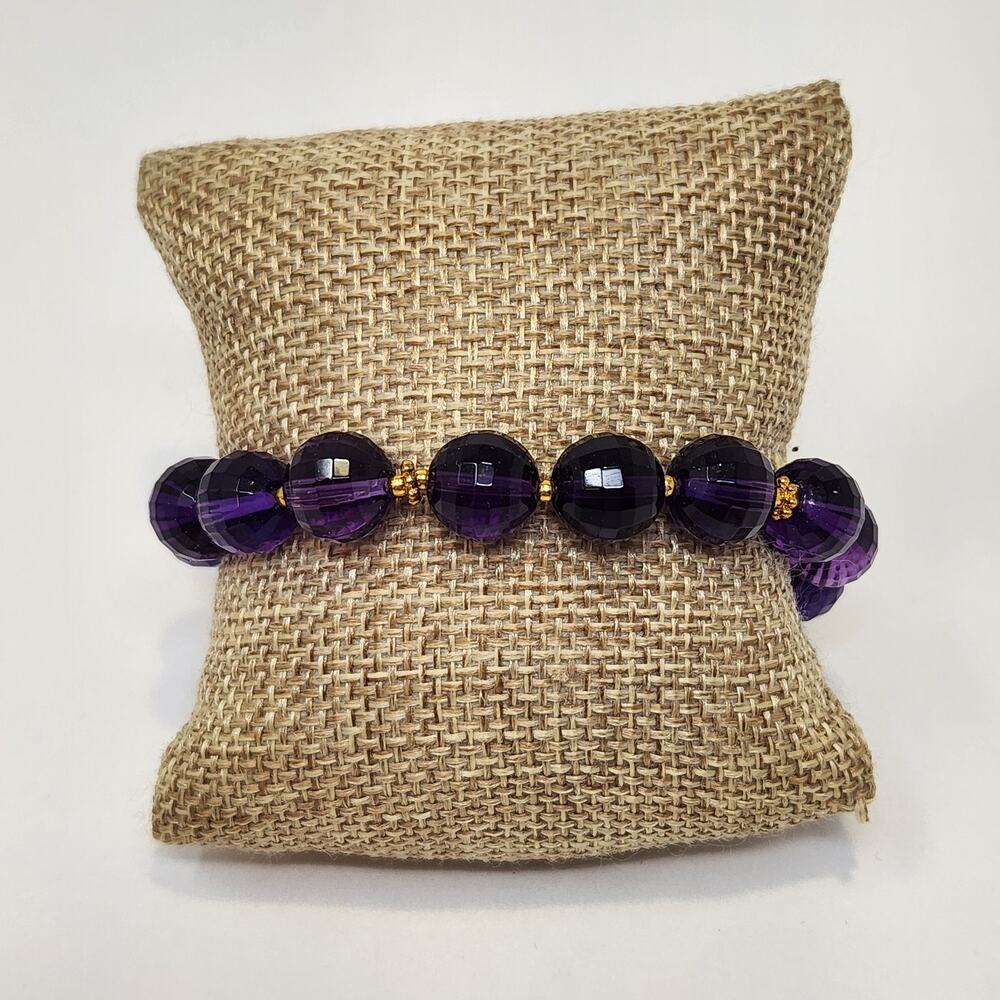 Stauer Purple Faceted Glass Bead Bracelet Gold Tone Accents Adjustable Signed